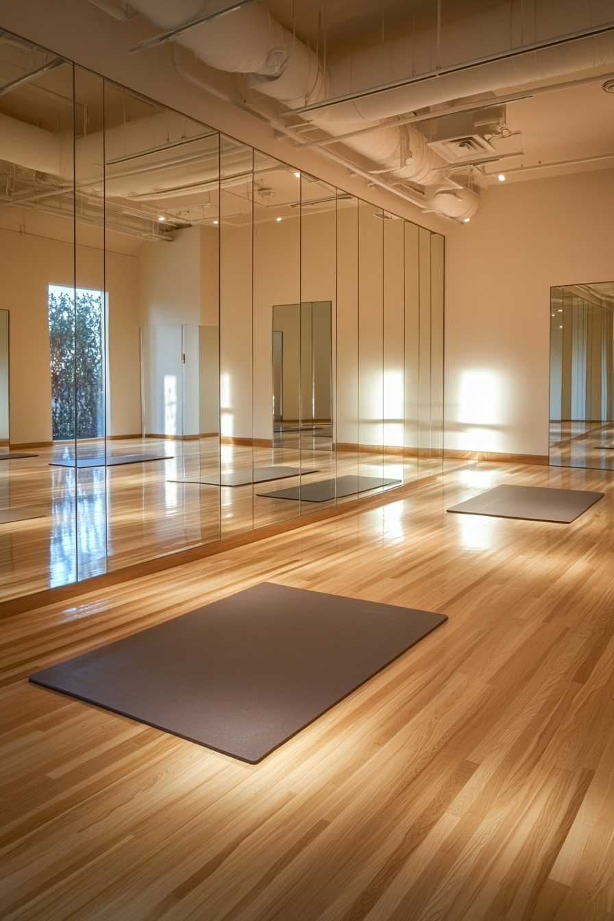 Upscale yoga studio interior. Wooden flooring and full-height mirrored walls.