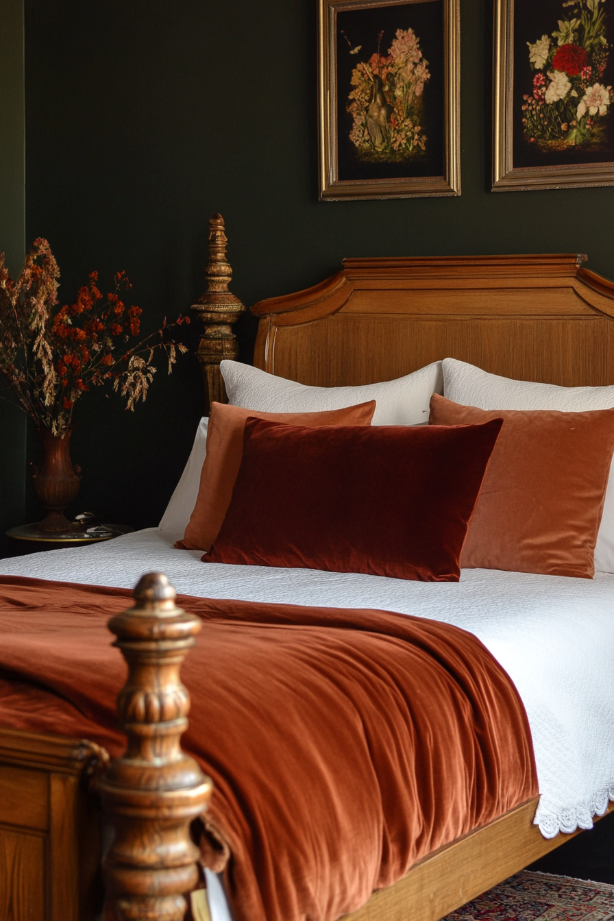 Fall bedroom. Queen-size wood and brass bed with russet velvet throw pillows.