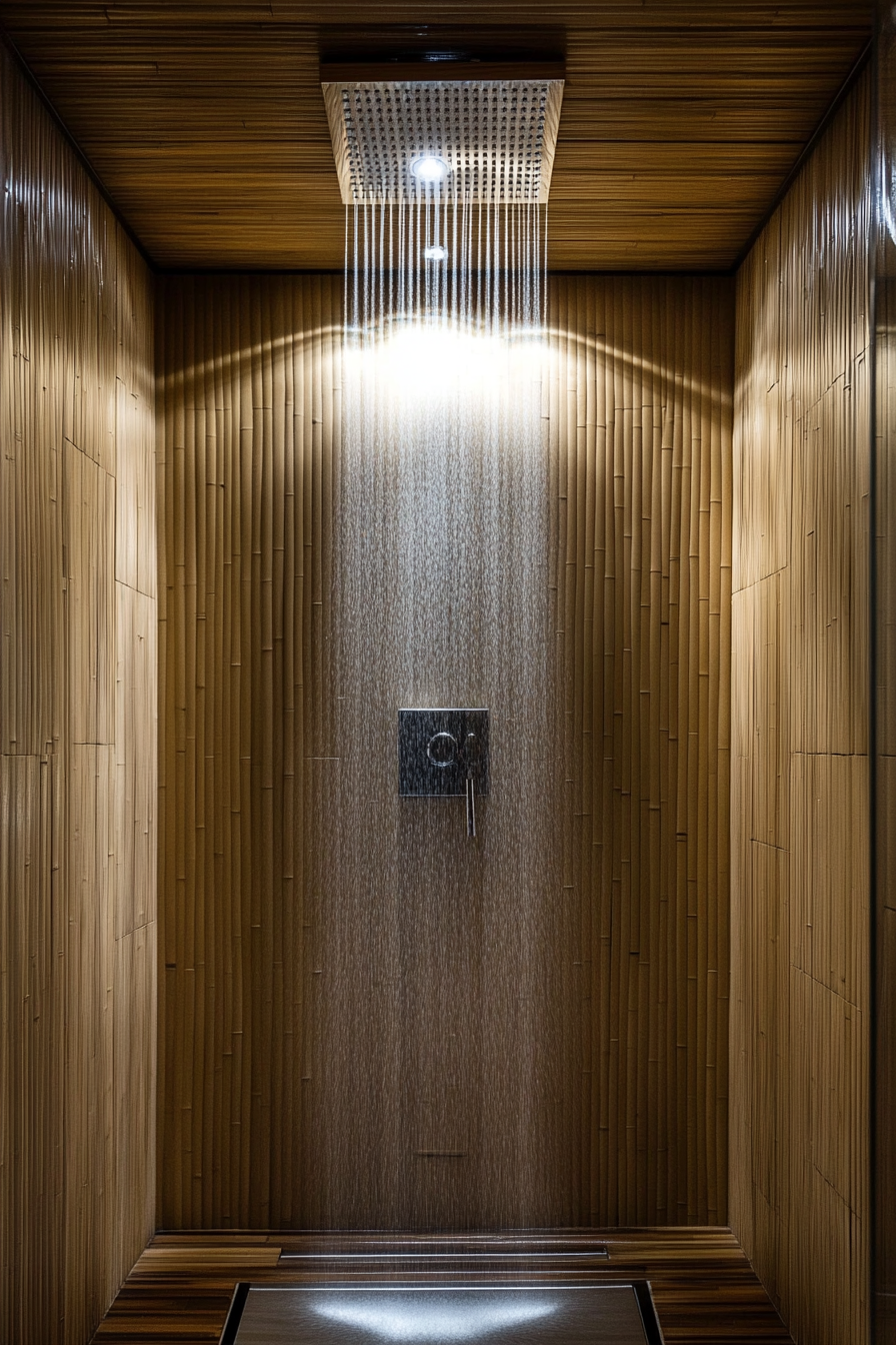 Small luxurious bathroom. Bamboo walls with rainfall showerhead.