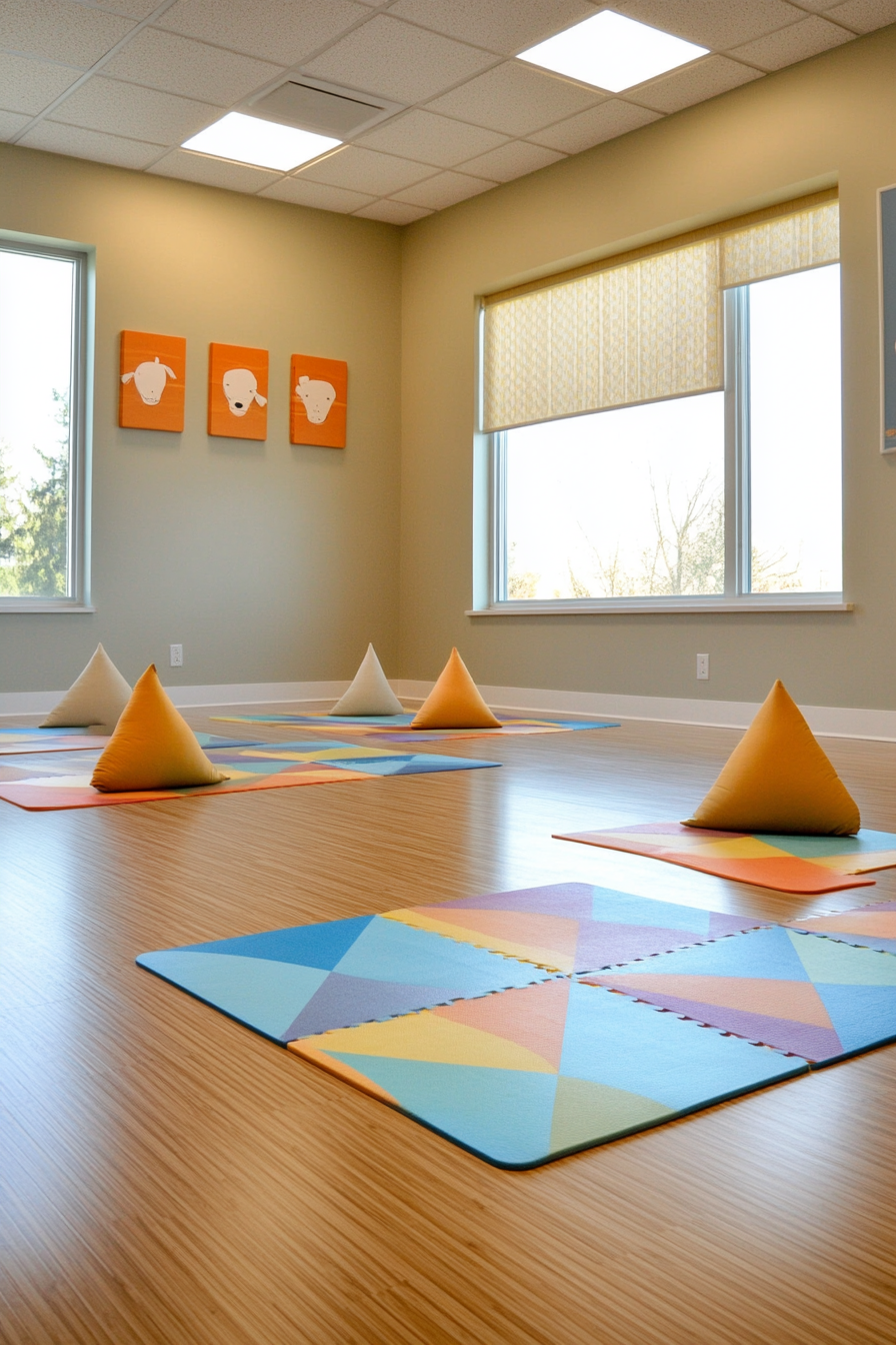 Kids' yoga area. Compact bamboo flooring with Montessori geometric pattern mat.