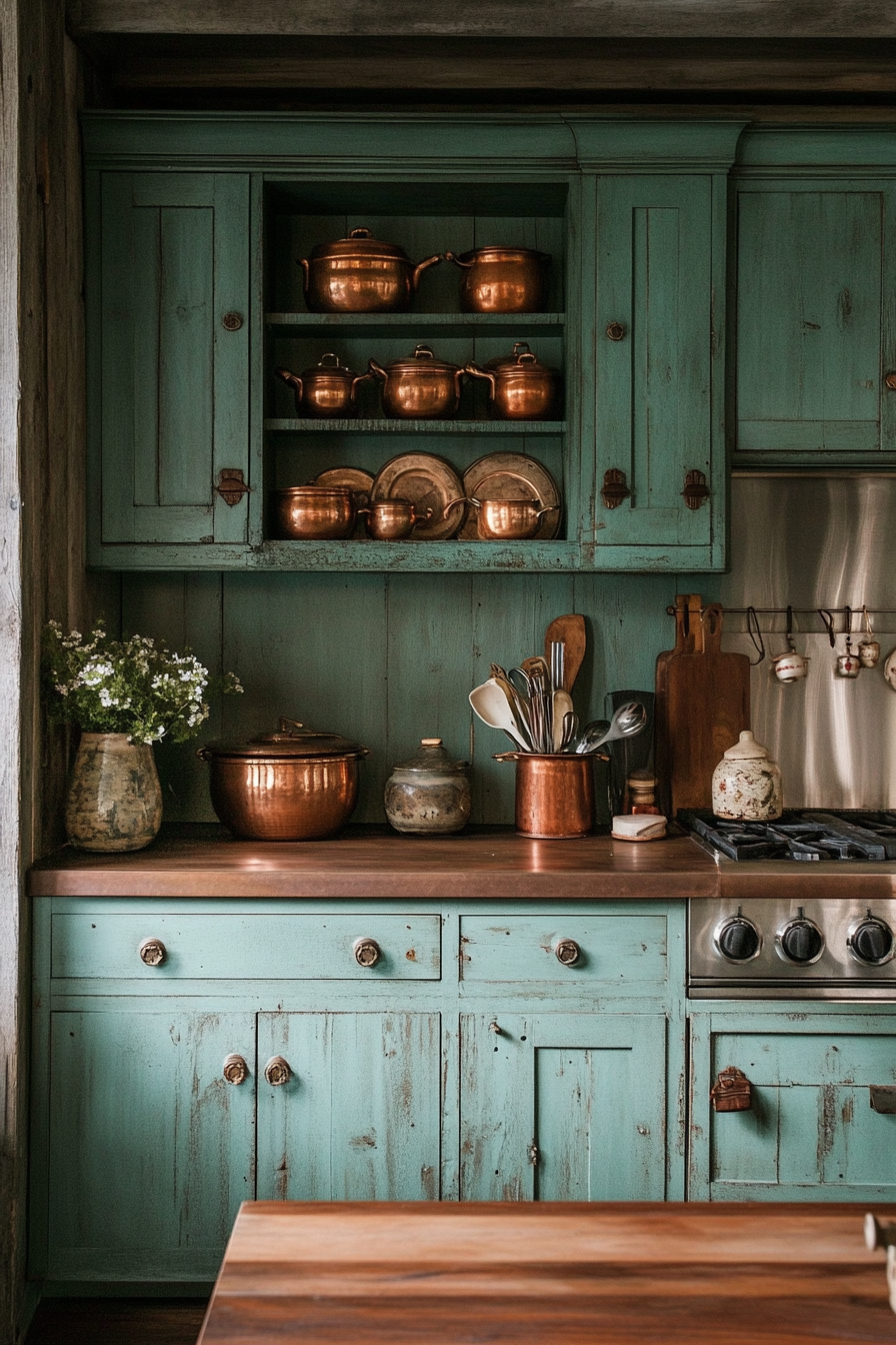 Coastal-themed kitchen. Sea-green cabinets with rustic wooden countertop and antique copper pots.