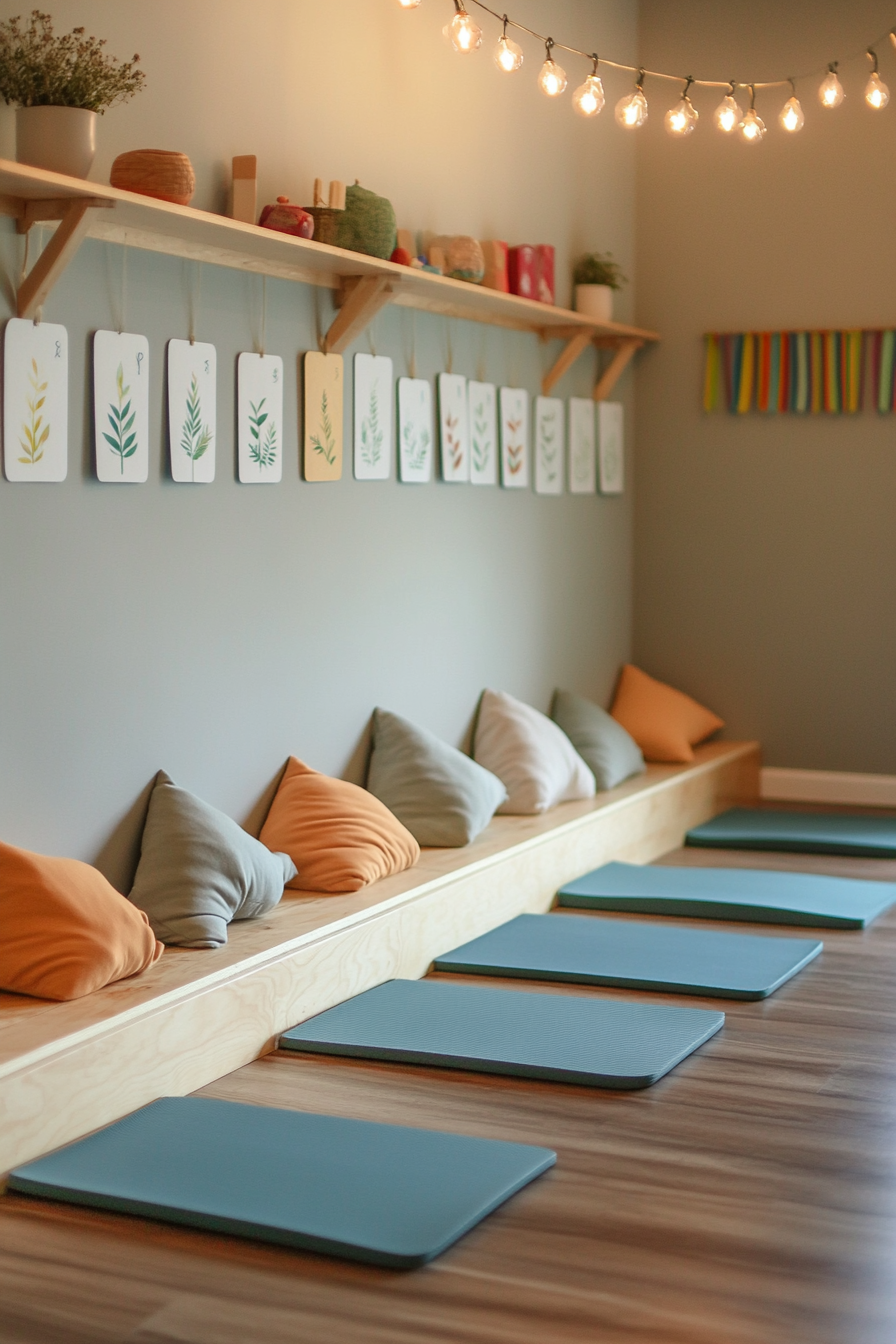 Compact kids' yoga area. Soft mats, Montessori low shelves holding peaceful yoga card set.