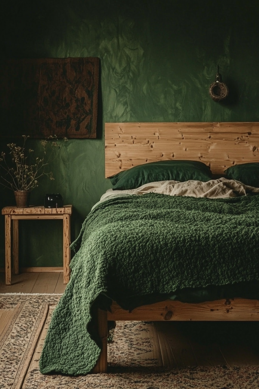 Fall bedroom. Dense forest-green blanket over raw oak bed frame.