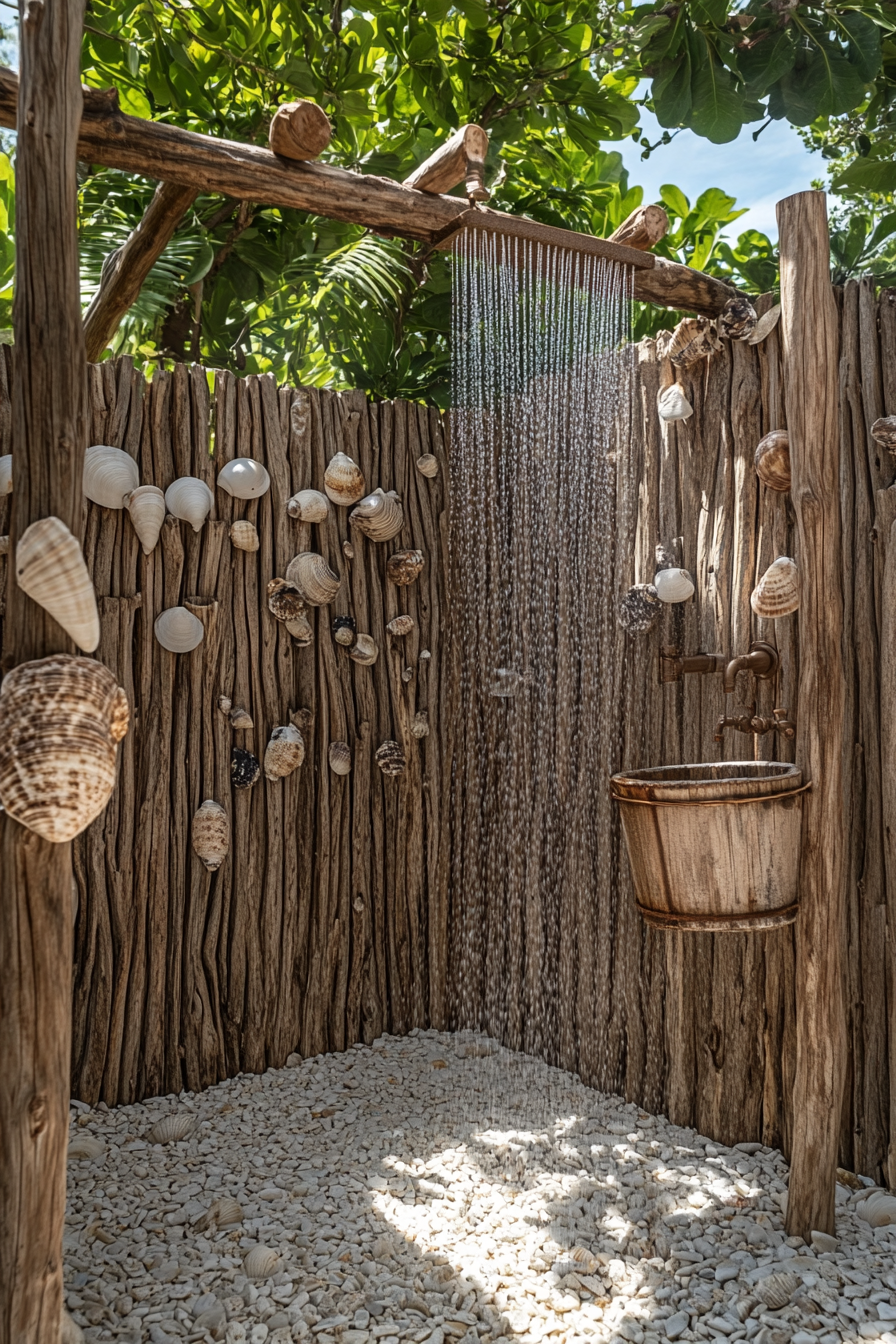 Outdoor shower setup. Driftwood panel with seashell-encrusted overhead bucket shower system.