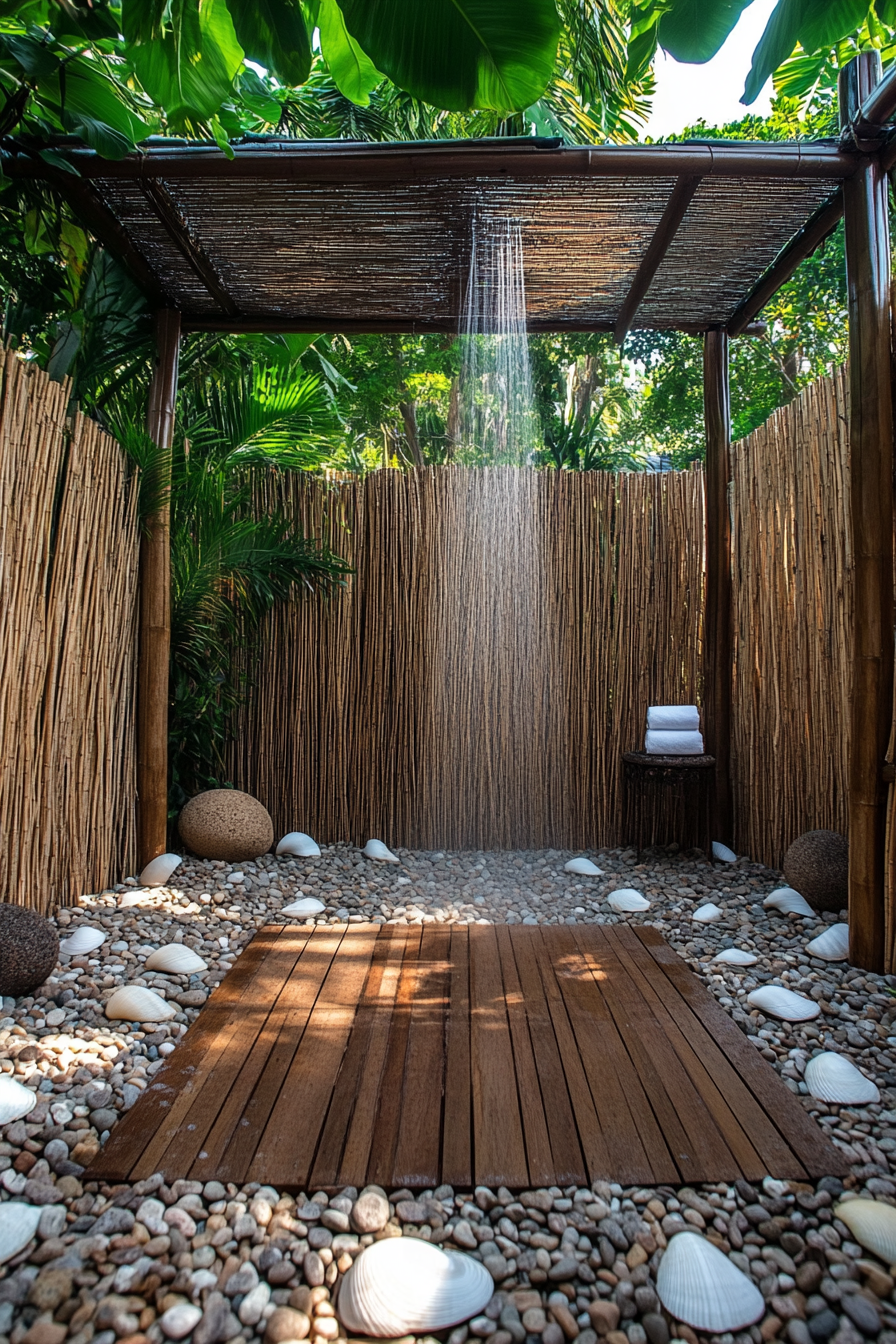 Outdoor shower setup. Teak hardwood floor, surrounded by pebbles, shells, and bamboo curtains.