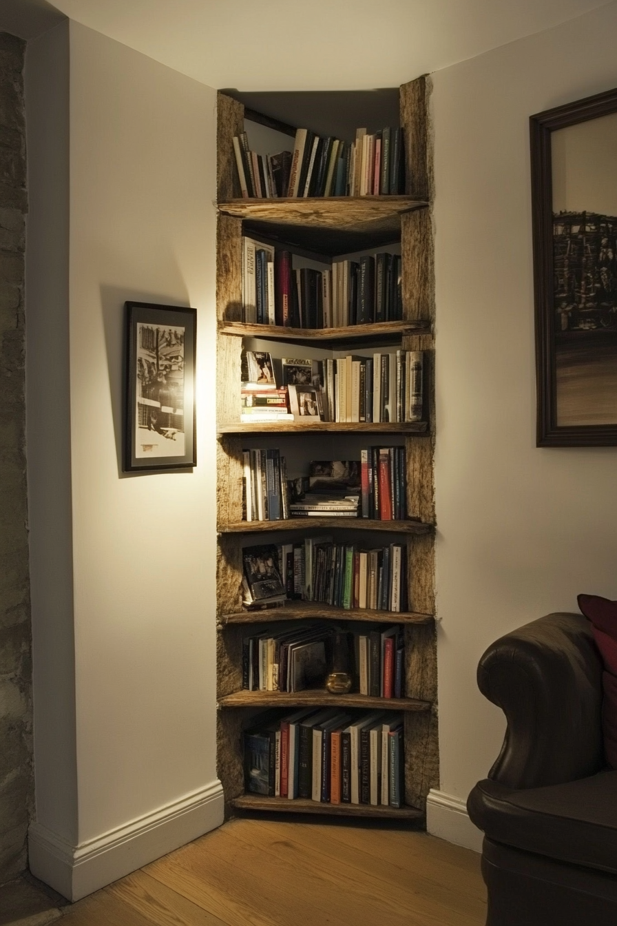 Small apartment storage idea. Vertical shelving unit in corner.