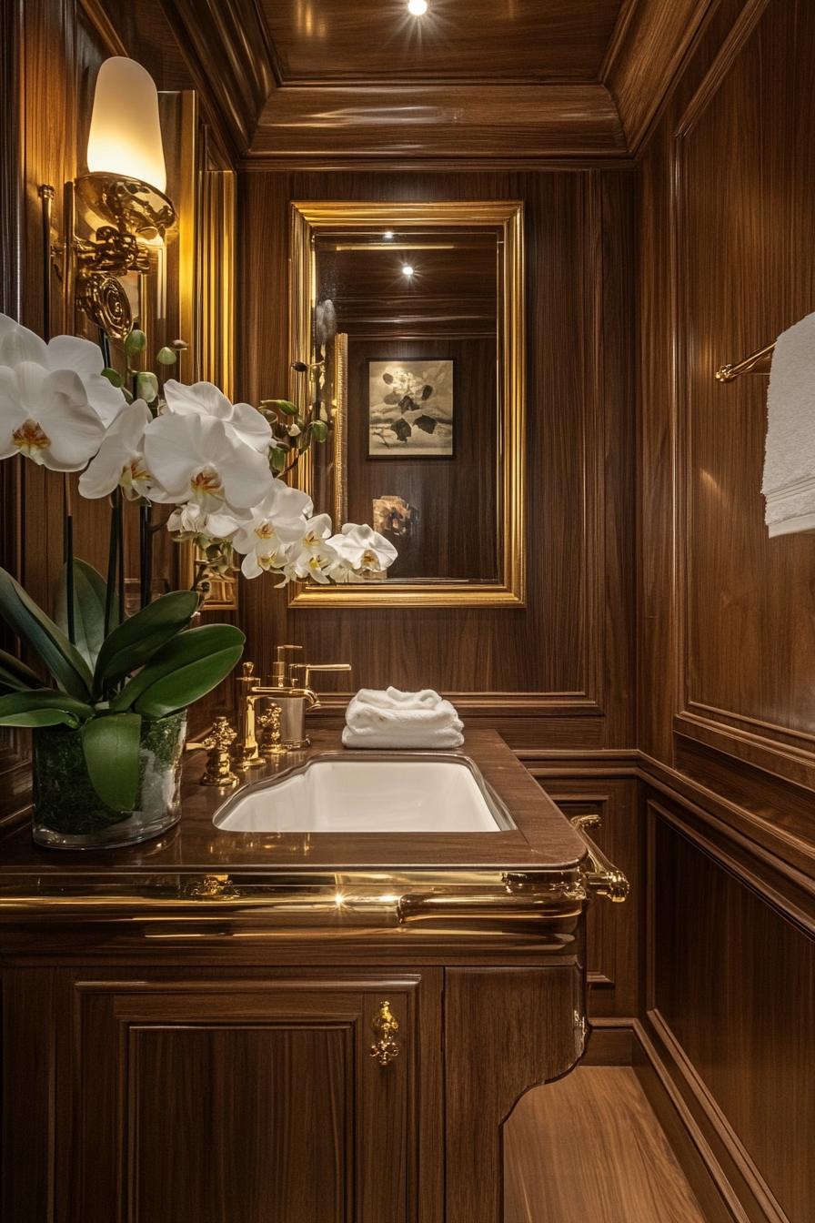 Small luxurious bathroom. Teak wood features with gold fixtures and white orchids.