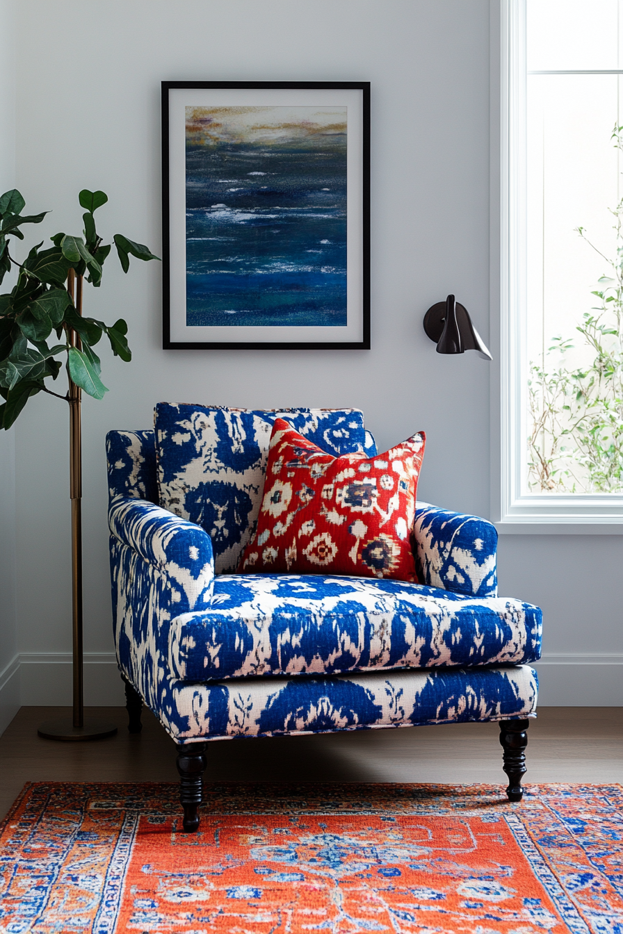 Living room. Minimalist design with maximalist, vivid-patterned, royal blue elbow chair.