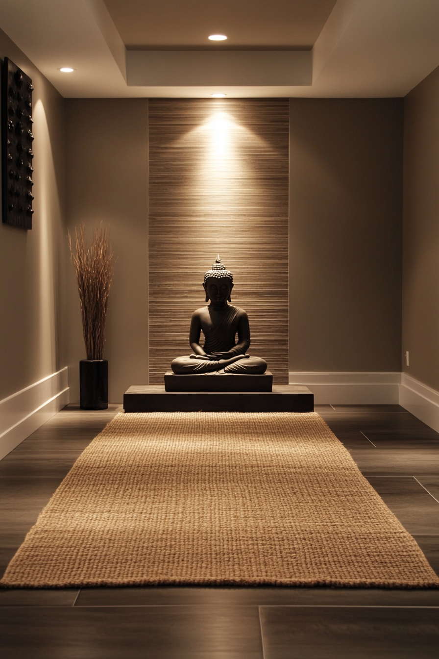 Home Yoga Studio. Low pile jute rug with Serene Buddha statue and minimalist accent lighting.