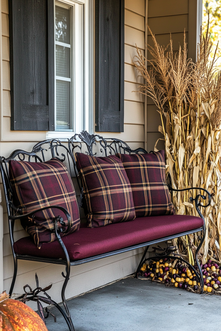 Fall porch. Wrought iron bench with burgundy plaid cushions and corn stalks.