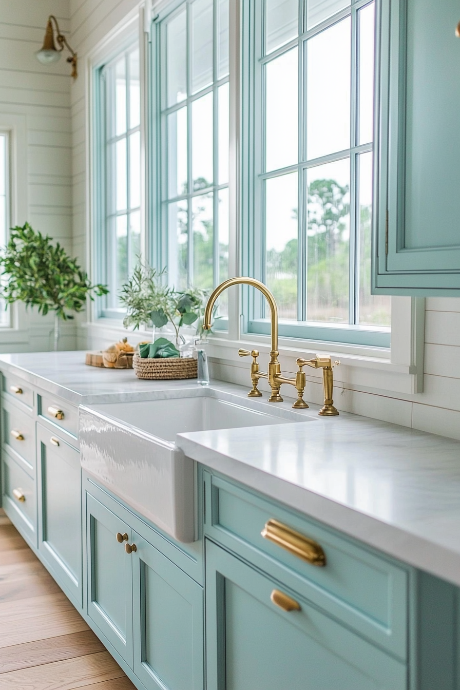 Coastal-themed kitchen. Robin's egg blue cabinets and vintage brass faucets.