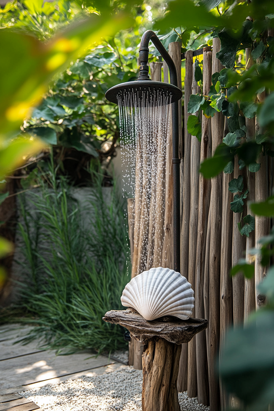 Outdoor shower setup. Driftwood stand holding a shell-shaped, glazed iron showerhead.