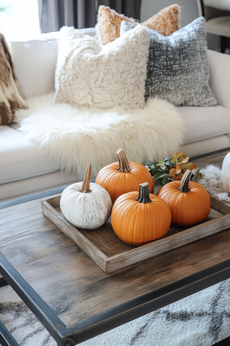 Fall living room. Steel-frame coffee table with faux fur pillows and pumpkins.