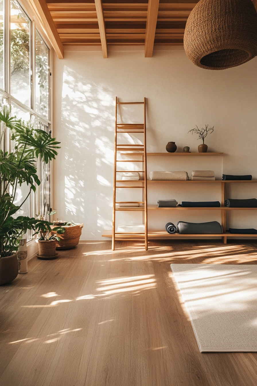 Japandi Home Yoga Studio. Natural wood floor with mid-century modern ladder shelf.