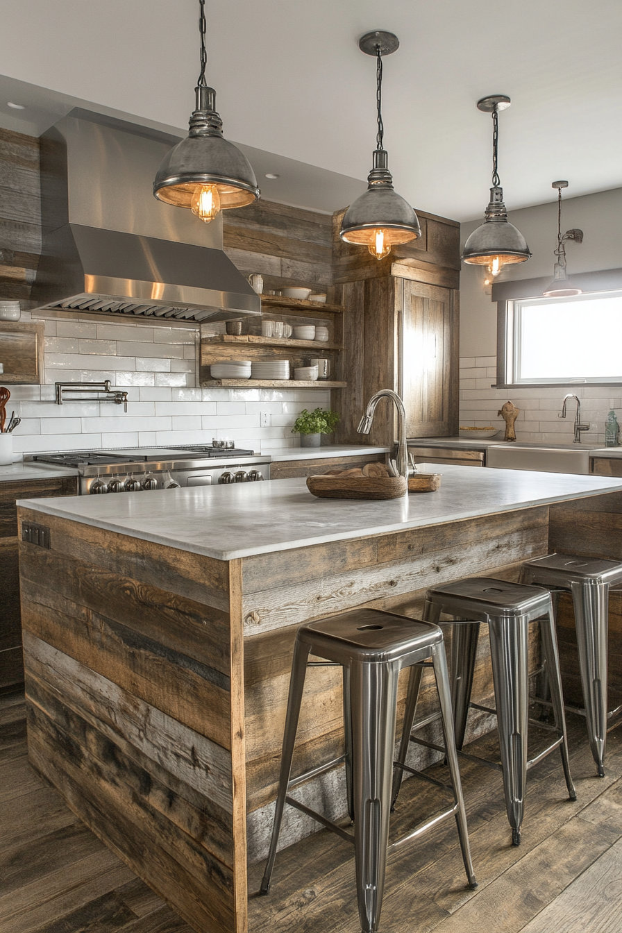 Farmhouse kitchen. Distressed wood island with metallic stools.