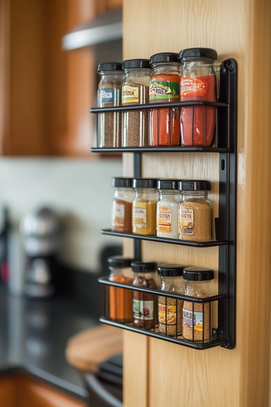 Small apartment storage. Over-the-door hanging spice rack in kitchen.