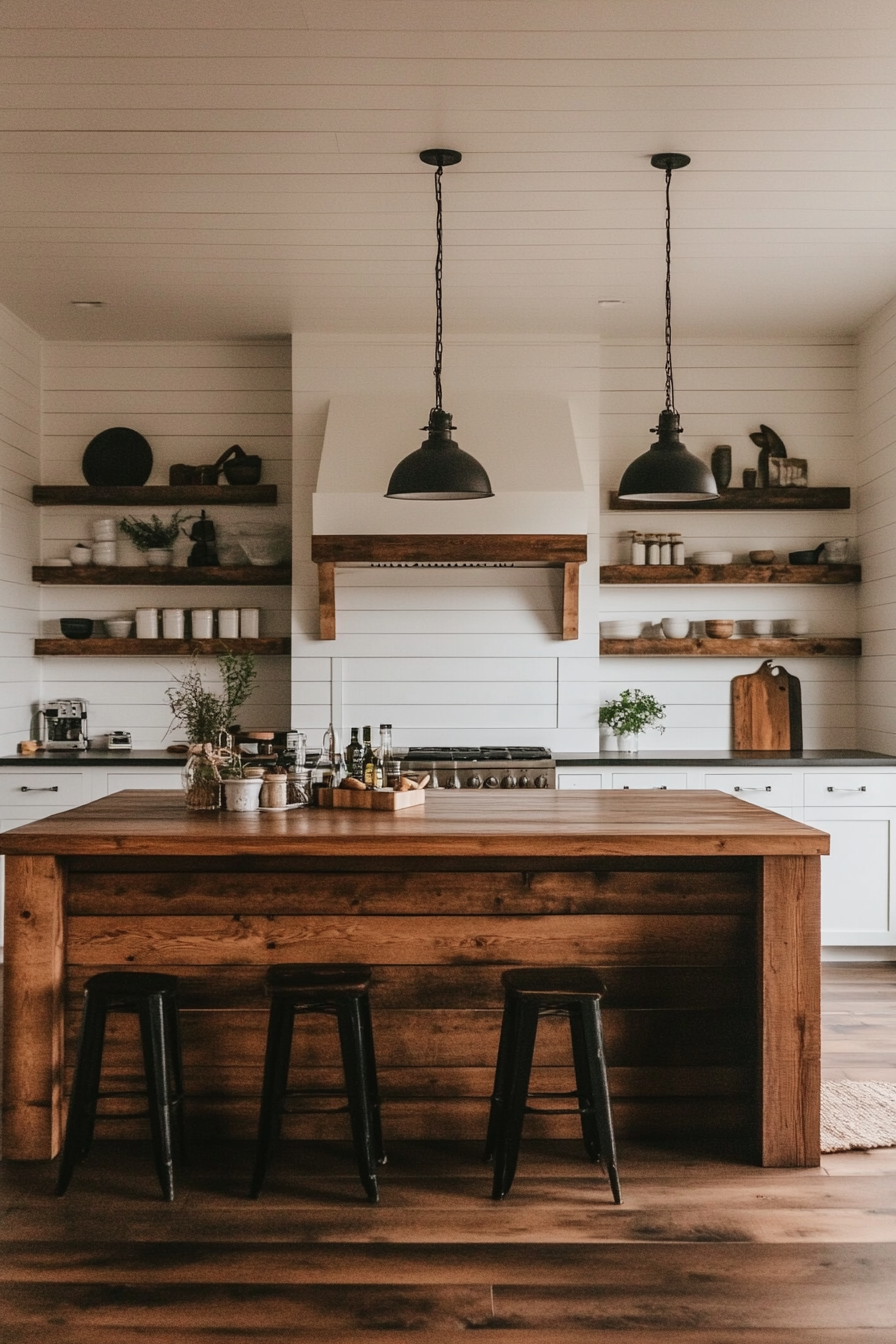 Farmhouse kitchen. White shiplap walls, reclaimed wood island, black barn pendant lights.