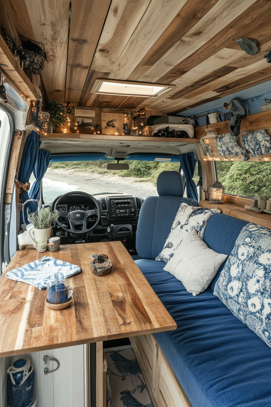 Coastal Camper Van Interior. Driftwood dashboard with marine-blue upholstered seating.