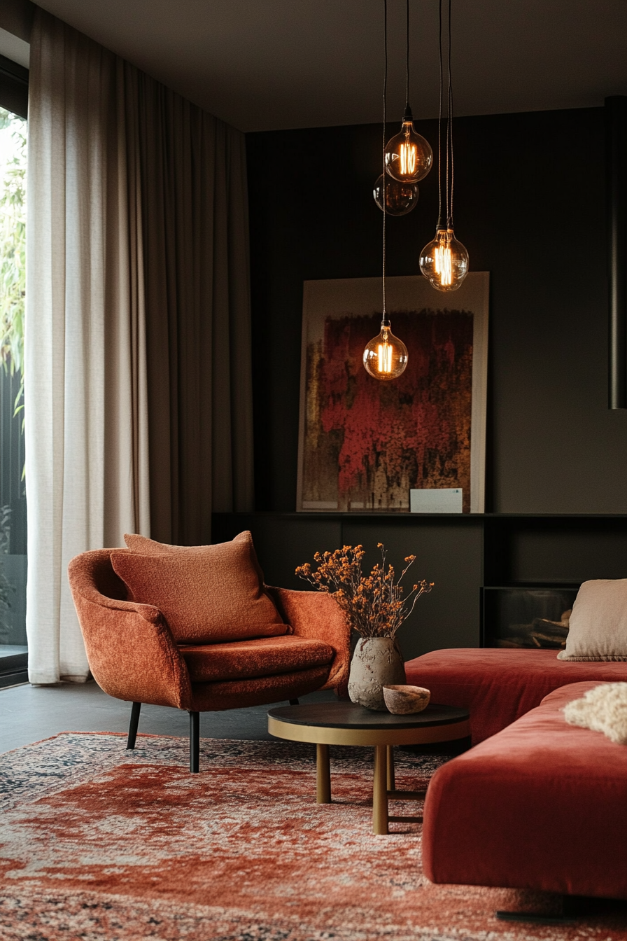 Fall living room. Rust-colored plush carpets with awarm gold Edison bulb pendant light.