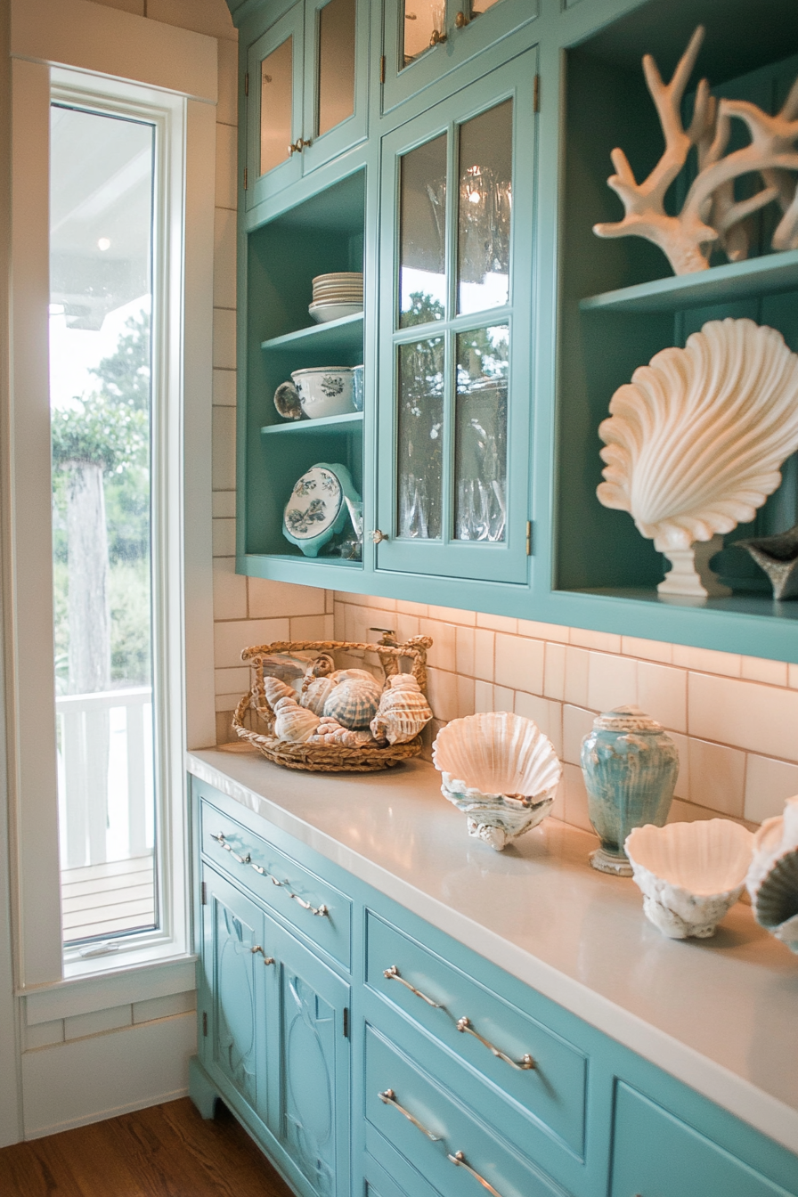 Coastal-themed kitchen. Vintage teal cabinets with seashell motifs.