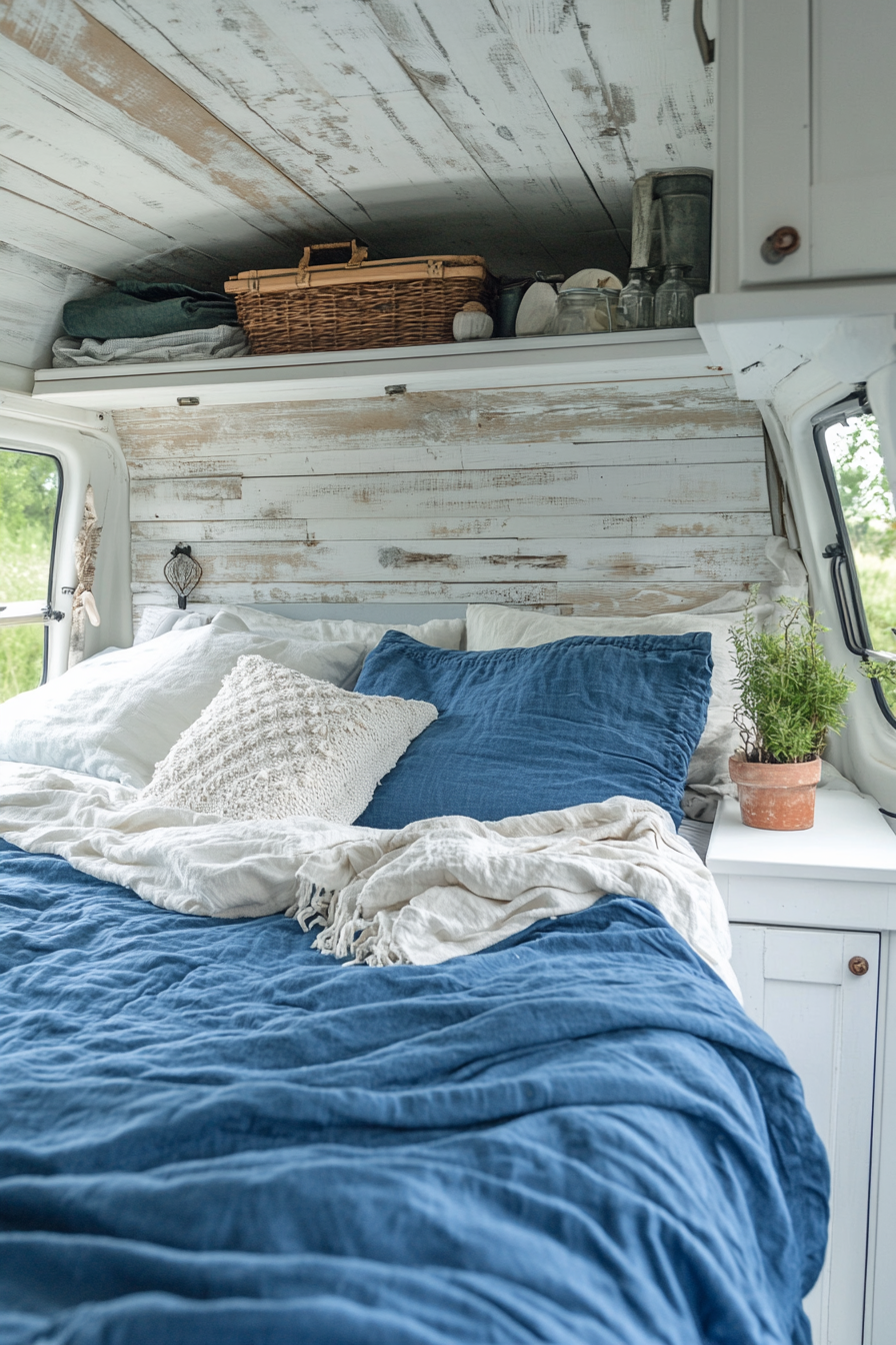 Coastal Camper Van Interior. Marine blue bedding and distressed white wood cabinets.