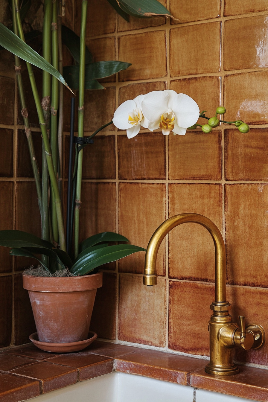 Small bathroom. Gold tap fixtures, terracotta tiles, bamboo accents, orchid plant.