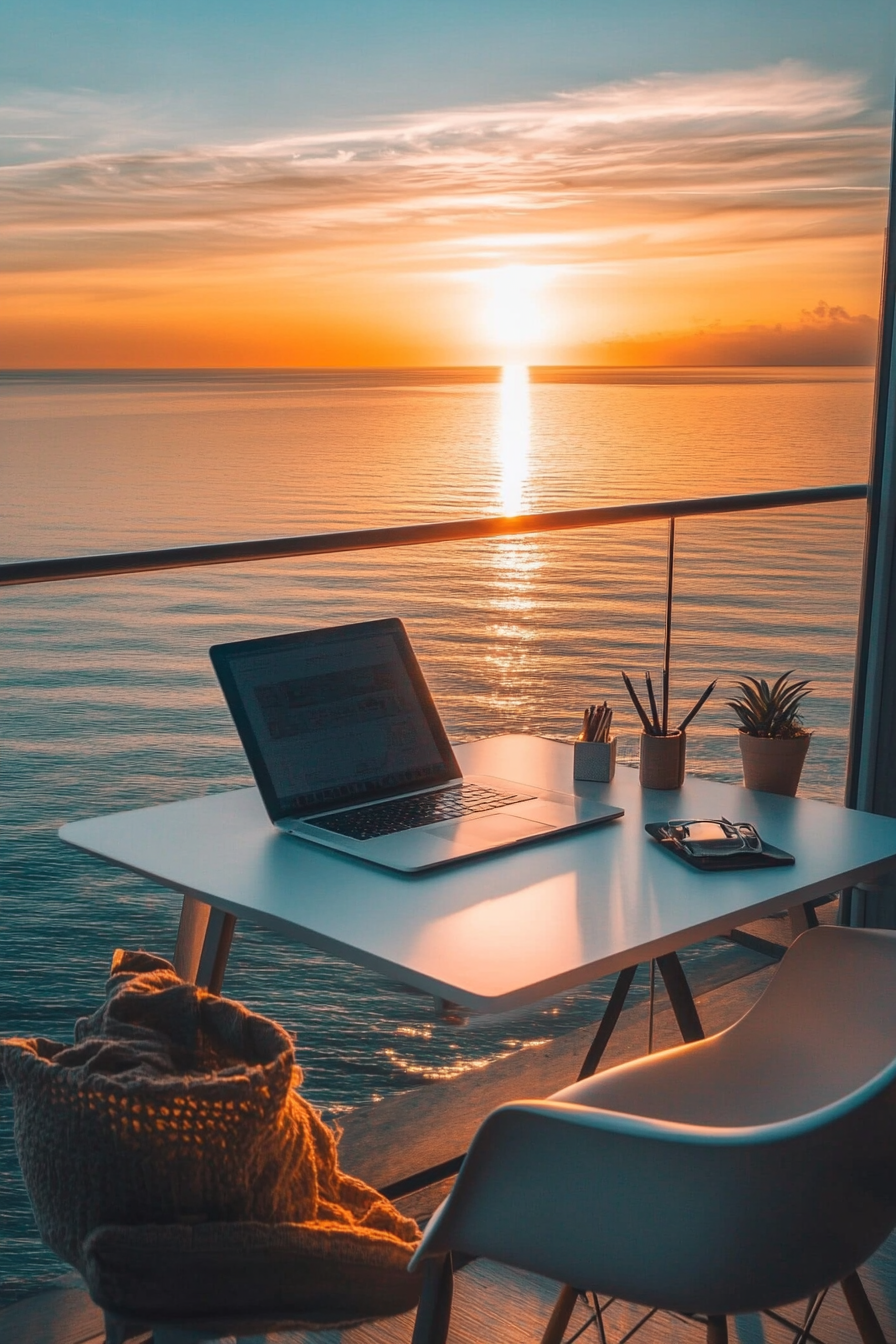 Inspiring workspace. White minimalistic desk overlooking an ocean sunset.