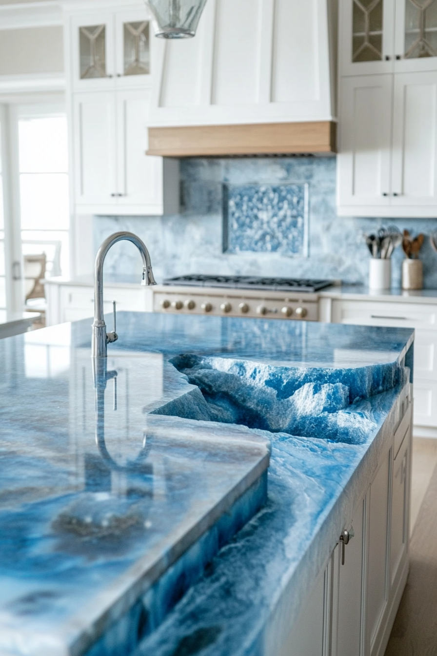 Coastal Modern Kitchen. White cabinets, blue marble countertop, wooden floor.