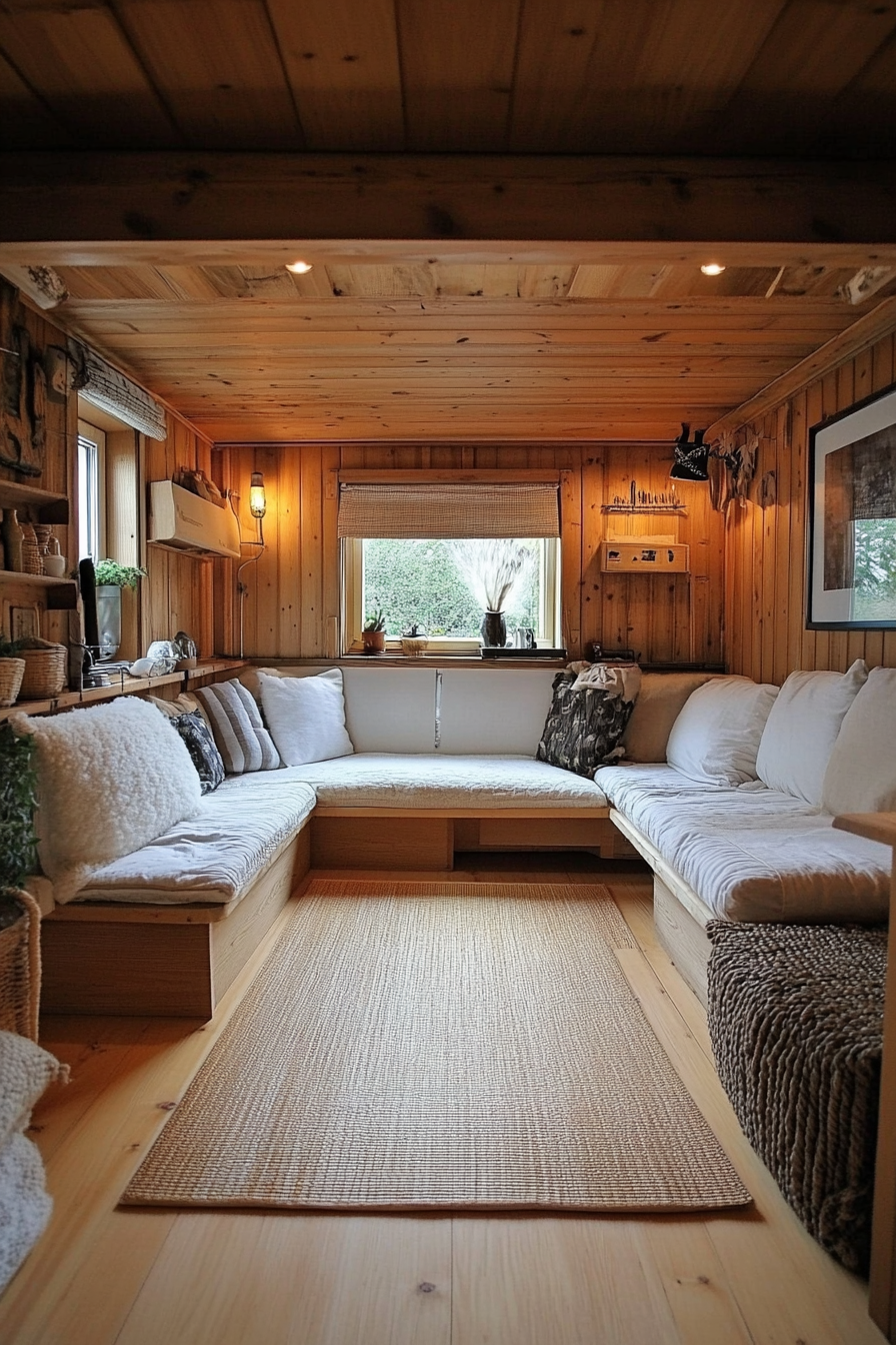 Tiny home interior. Japanese tatami mats in a Swedish farmhouse-inspired living room.