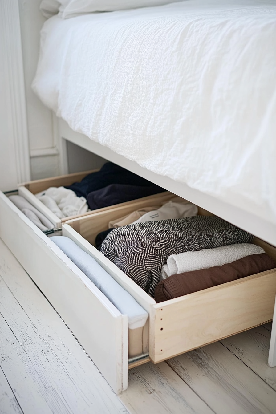 Small apartment storage idea. Under-bed storage boxes.