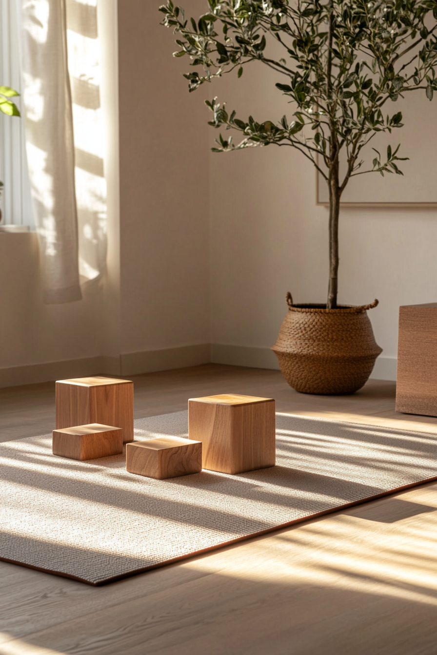 Home Yoga Studio. Minimalist mat with cherry wood blocks.