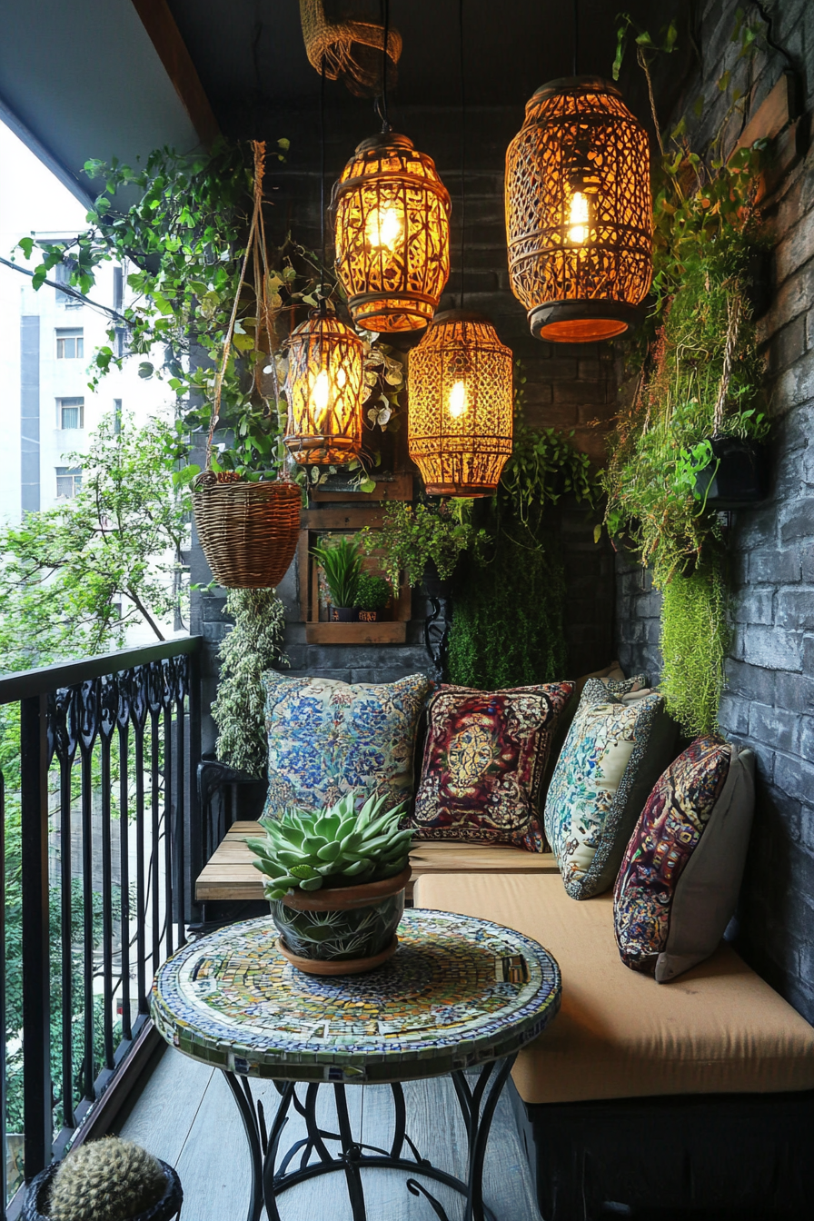 Urban Boho Balcony. Mosaic table with succulents and hanging rattan lanterns.