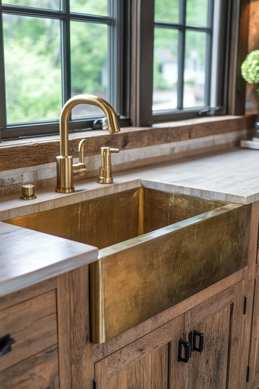 Farmhouse kitchen. Brass sink with reclaimed wood cabinets.