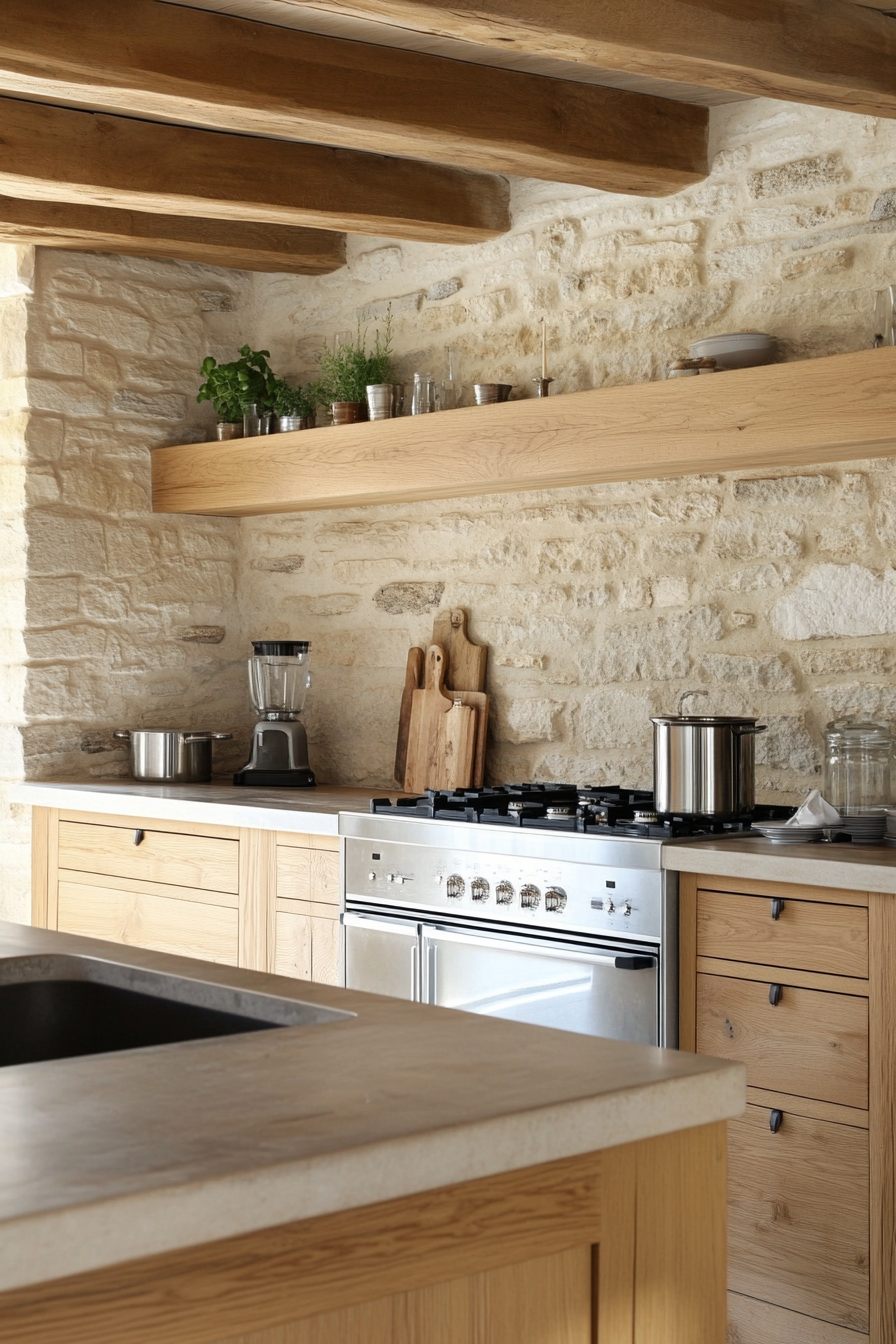 Farmhouse kitchen. Pale oak wood, rough stone wall, modern silver appliances.