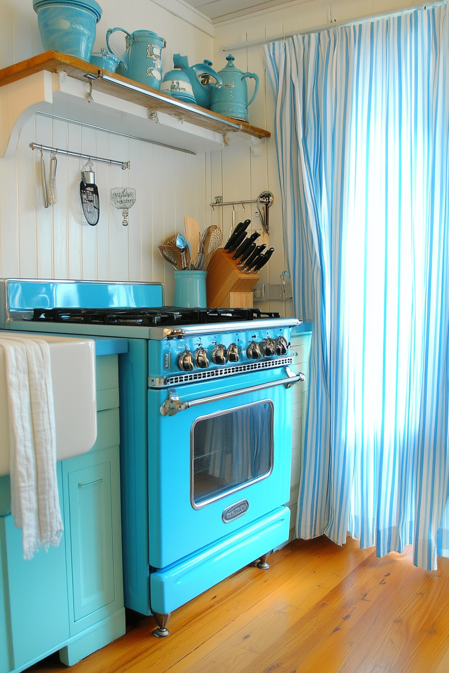 Coastal-themed kitchen. Vintage turquoise appliances with striped blue and white curtains.