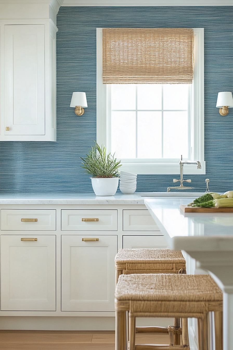 Coastal modern kitchen. blue seagrass wallpaper, white cabinets, rattan bar stool.