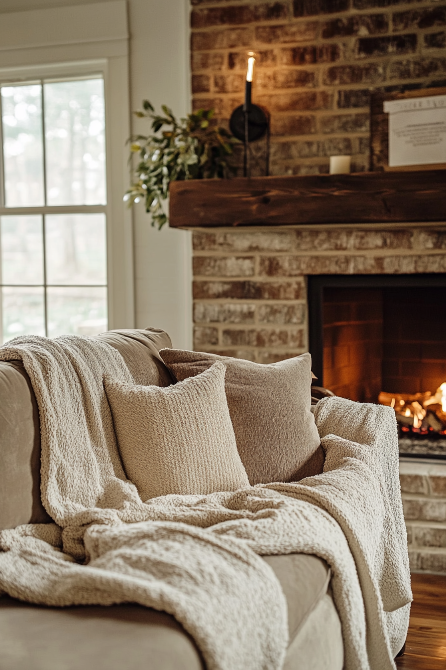 Fall Living Room. Rustic brick fireplace with plush beige throw blanket