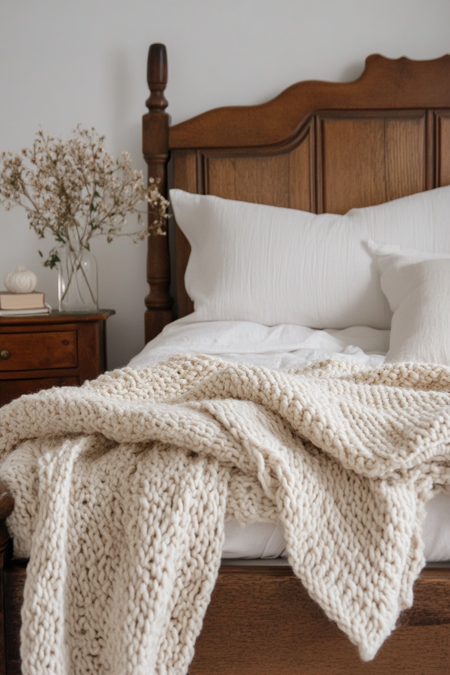 Fall Bedroom. Ivory knitted throw over antique wooden bed frame.