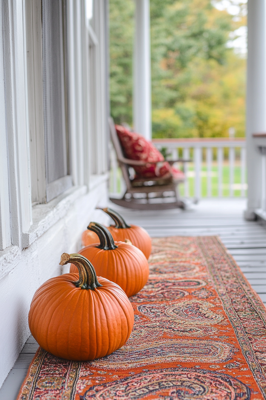 Fall porch. Orange pumpkins with paisley patterned textile.