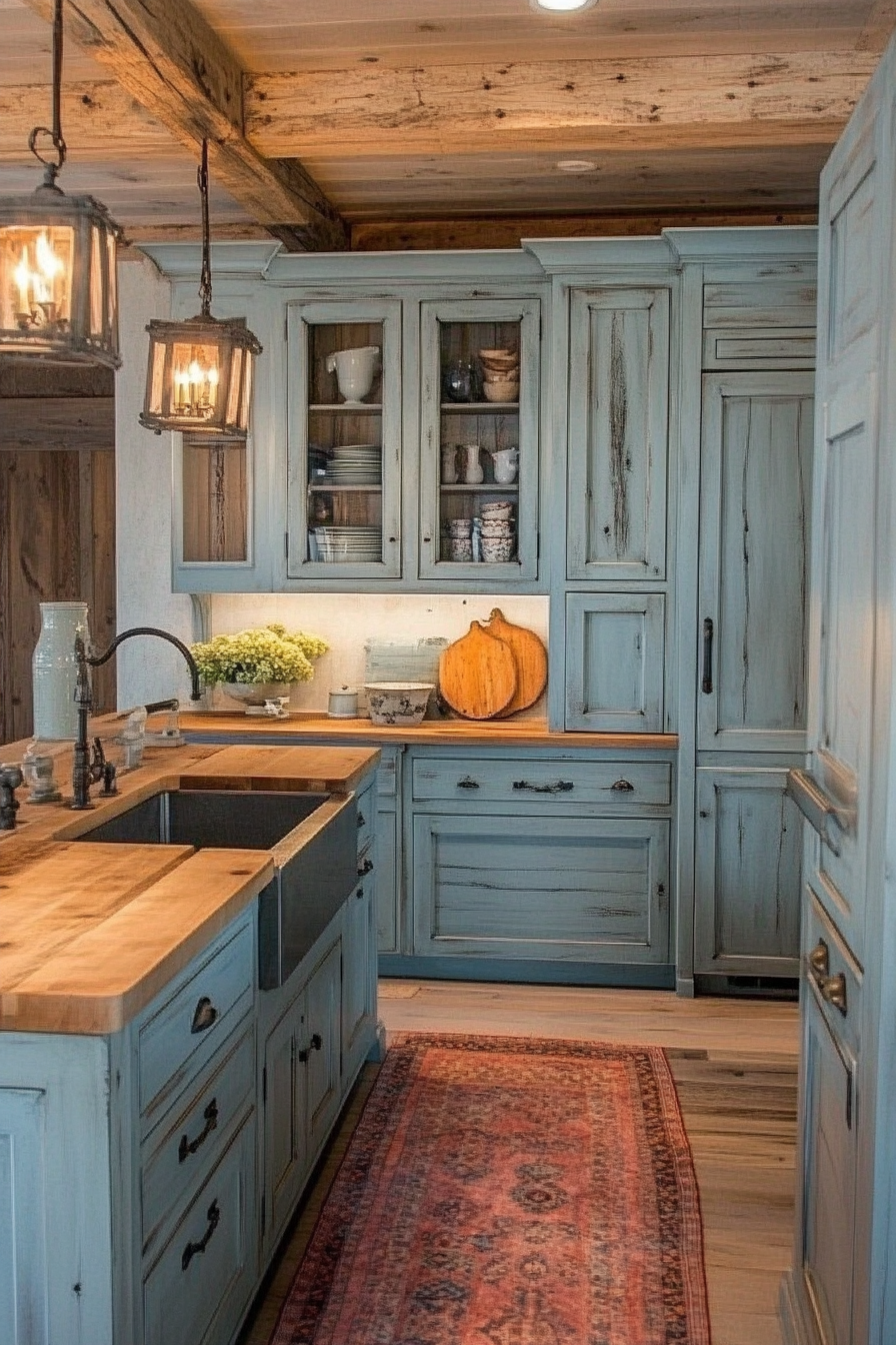 Coastal-themed vintage kitchen. Light blue cabinets with distressed wood countertops.