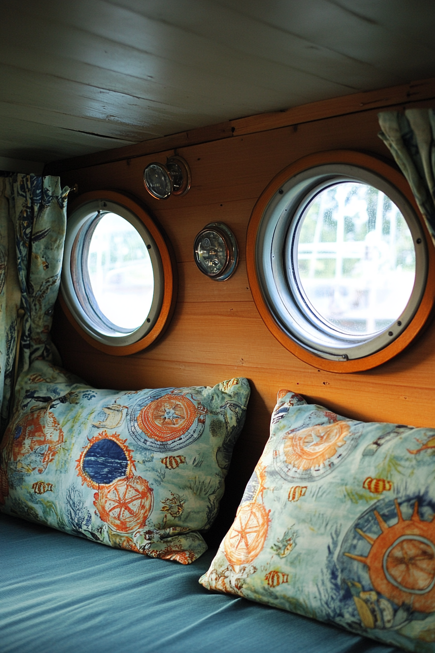 Camper van interior. Porthole windows with ocean-inspired print curtains.