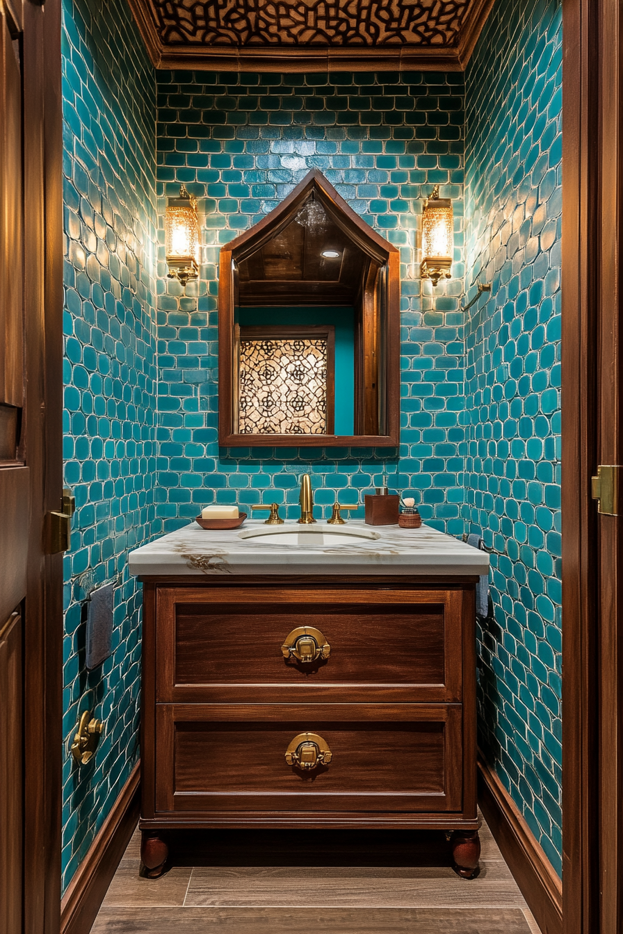 Small luxurious bathroom. Cherry wood vanity with brass fixtures and turquoise Moroccan tiles.