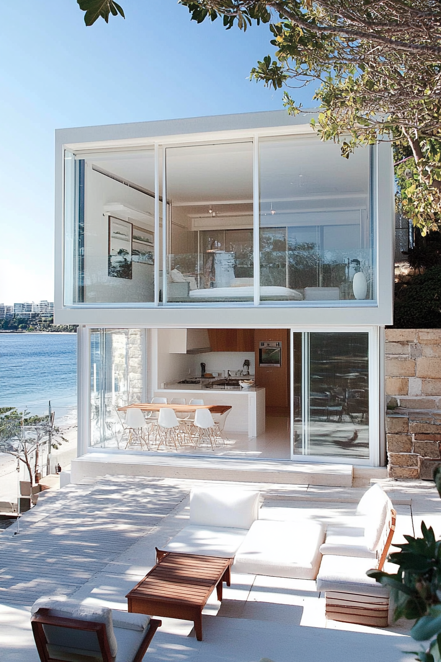 Compact beach house. Glass facade, white exterior, ocean backdrop.