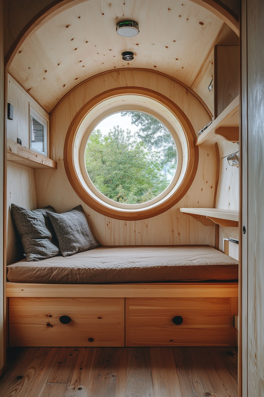 Tiny home interior. Pale wood futon under floating circular window.