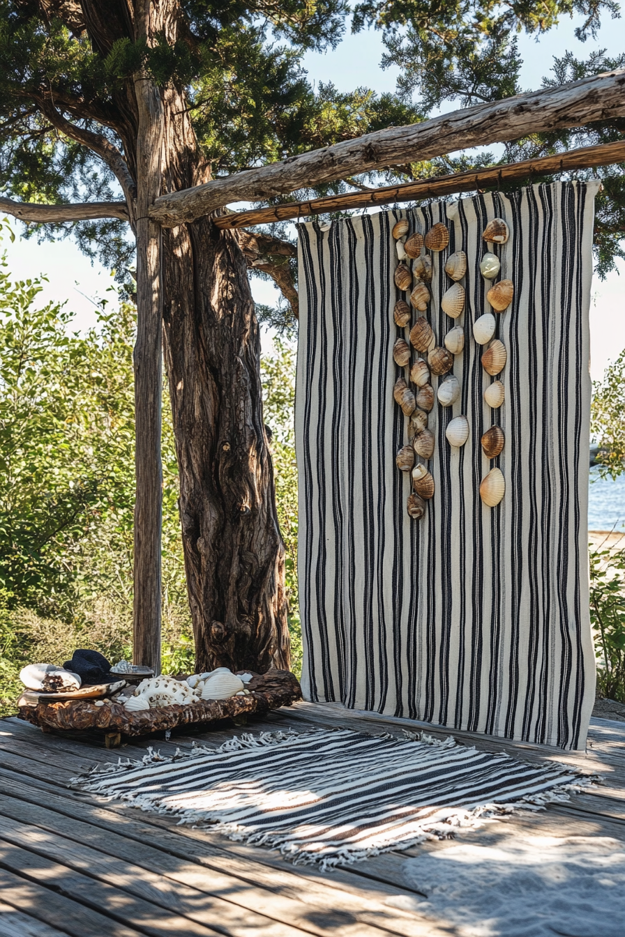 Outdoor shower setup. Driftwood and seashell curtain next to a nautical striped towel.