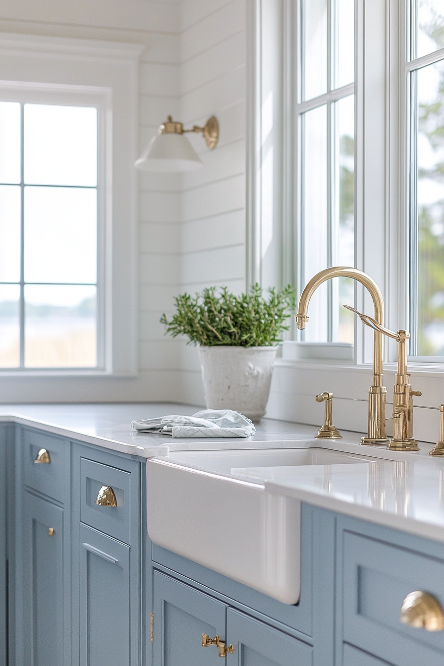 Coastal-themed kitchen. Pale blue cabinets accented with vintage brass handles.