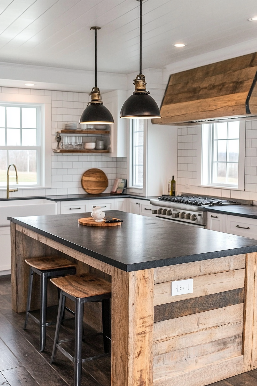 Farmhouse Kitchen. Reclaimed wood island with black quartz countertop.