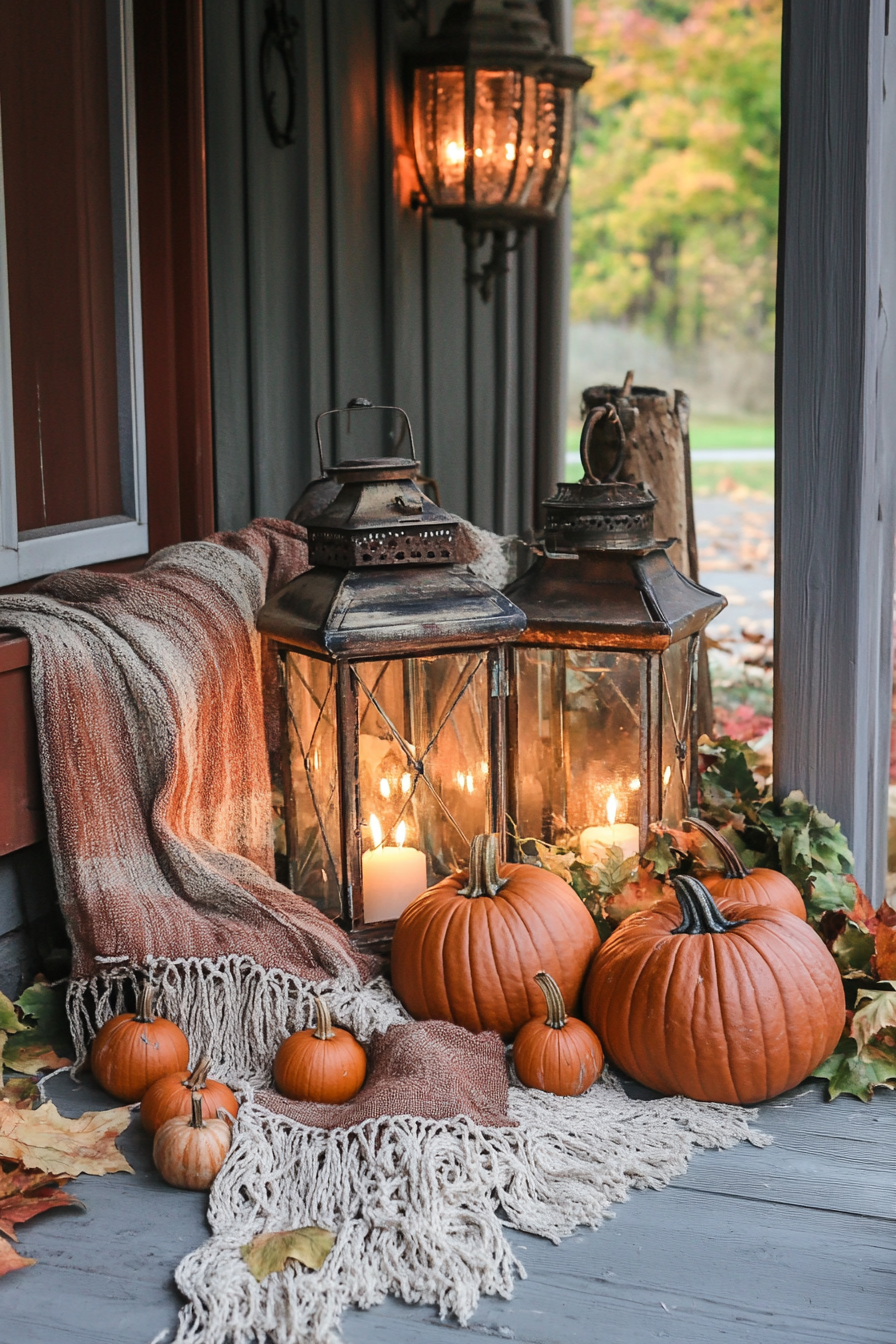 Fall porch. Pumpkin pile with antique lanterns and macramé throw.