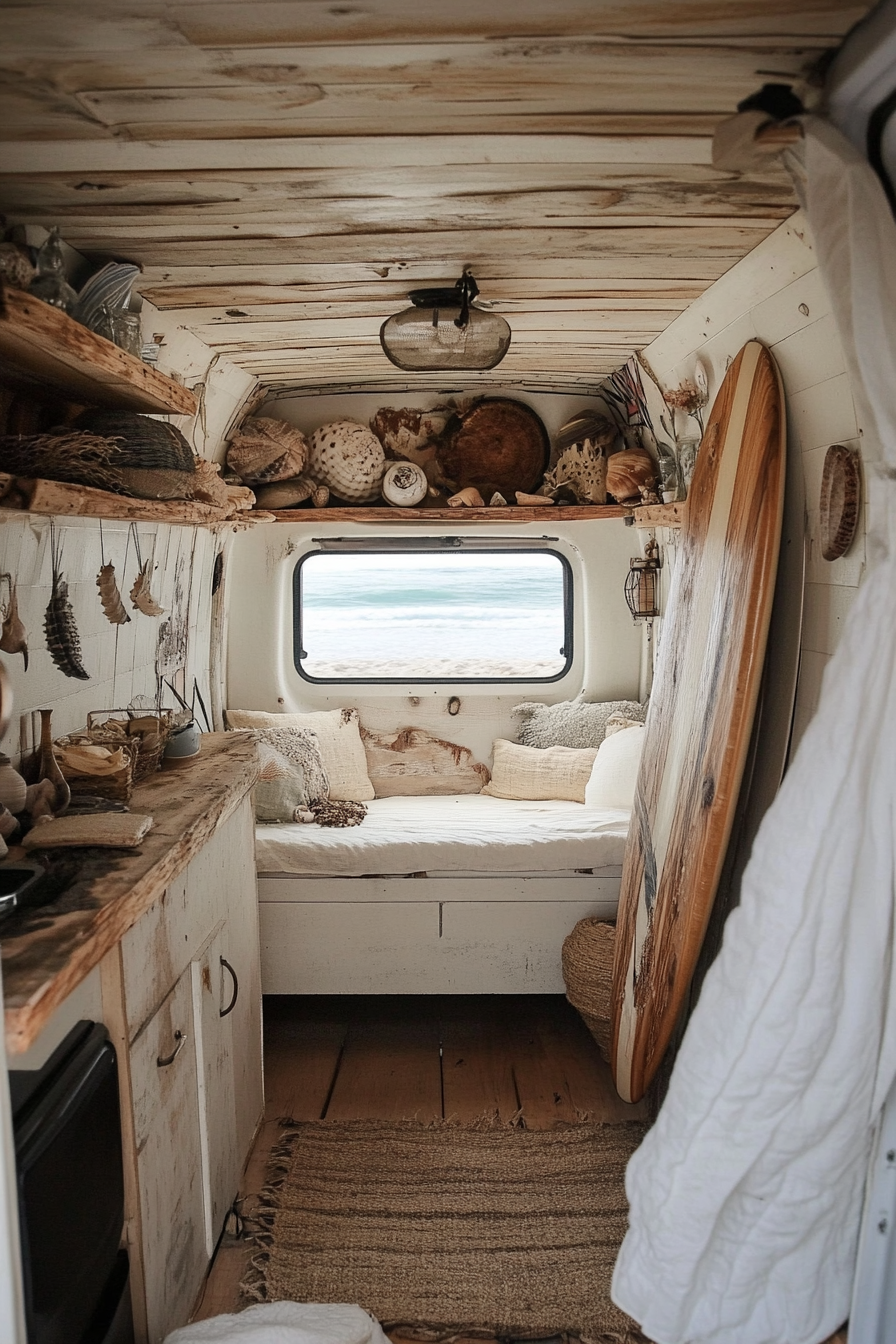 Coastal camper van interior. Driftwood surfboard storage and seashell display.