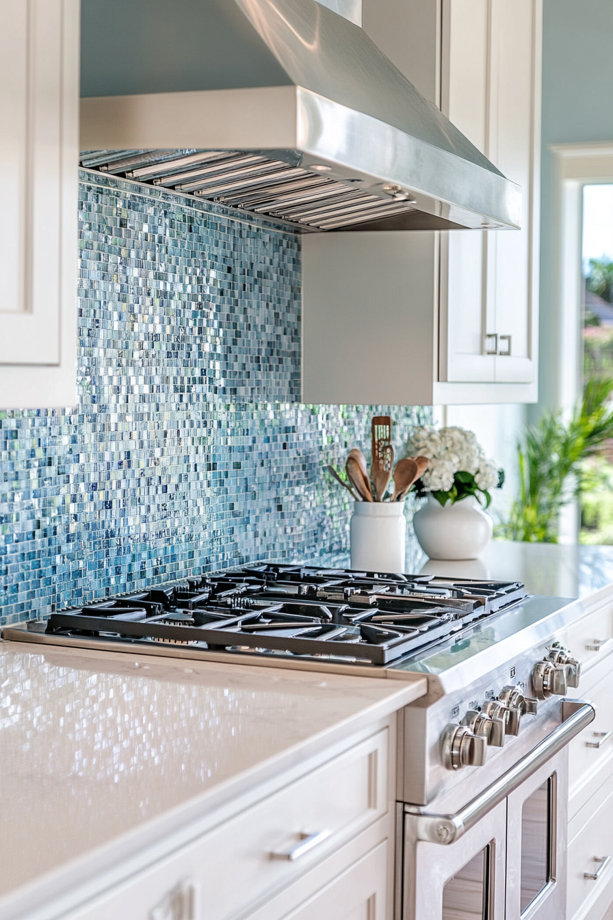 Modern coastal kitchen. Blue mosaic backsplash with white marble countertops.